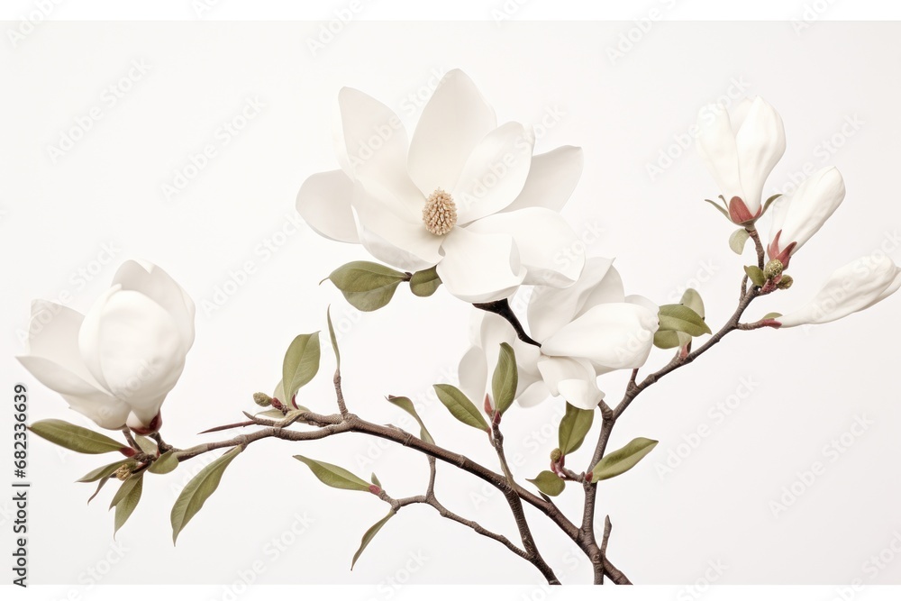  a close up of a white flower on a twig with green leaves on a white background with a white wall in the background and a white wall in the background.
