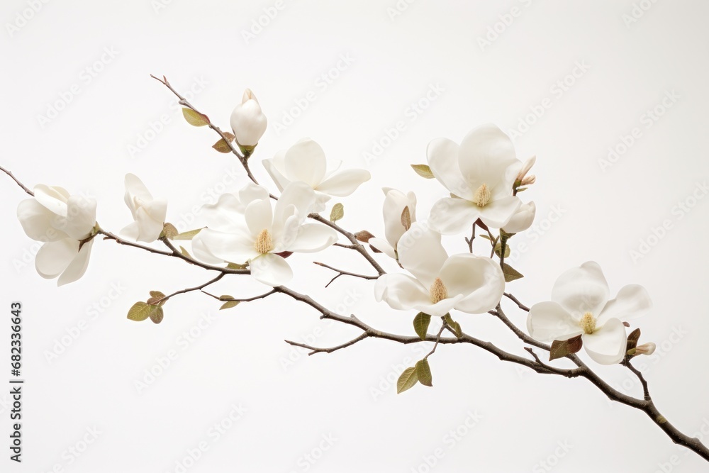 a branch with white flowers on it against a white background with only one flower in the foreground and the second flower in the background with only flower in the foreground. a branch with white flowers on it against a white background with only one flower in the foreground and the second flower in the background with only flower in the foreground.