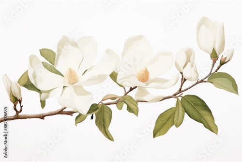  a branch of a tree with white flowers and green leaves, on a white background, with a white sky in the background, and a few green leaves in the foreground.