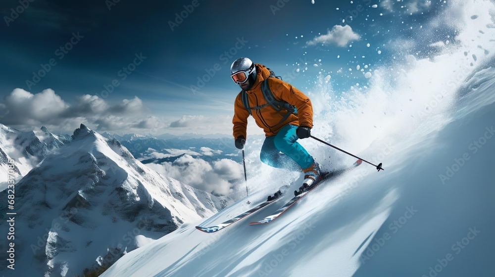 A skier jumps down a stee