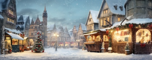 Christmas outdoor markets in streets of night city covered with snow  panorama. Generative Ai.