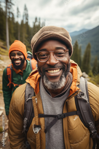 Cheerful friends hiking in mountains promoting outdoor adventure and leisure young adult African descent men smiling with forest backdrop