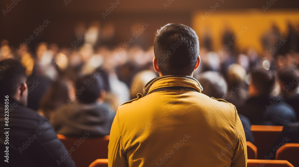 Rear view of unrecognizable people in audience at the conference hall. Business and entrepreneurship concept. Rear view of unrecognizable people in audience at the conference hall. Business and entrepreneurship concept.