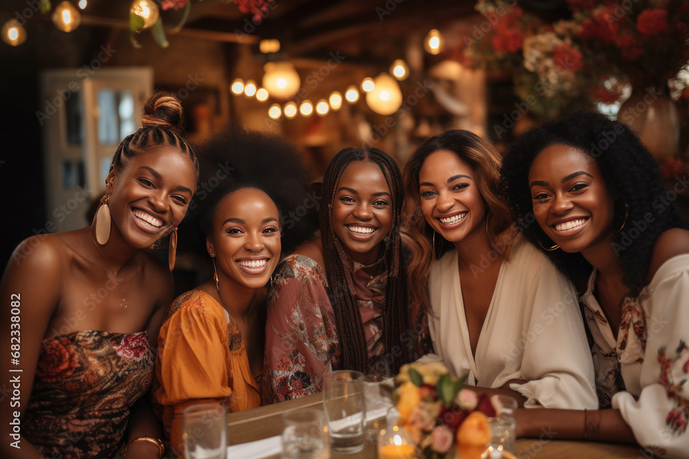 Group of young African women enjoying a stylish evening at a cozy restaurant suitable for lifestyle and social themes