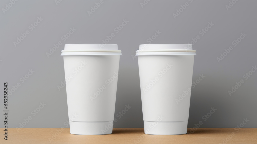 Two white paper biodegradable disposable cups with lid for hot drinks. Tea or coffee to take away. Copy space mockup for logo design or text. Grey background. Generative AI. Two white paper biodegradable disposable cups with lid for hot drinks. Tea or coffee to take away. Copy space mockup for logo design or text. Grey background. Generative AI.