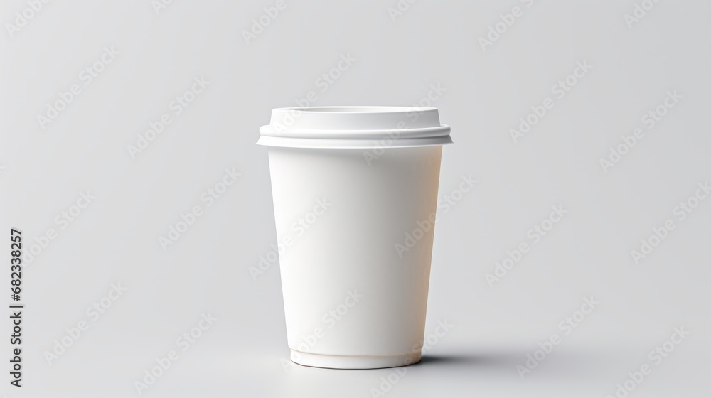 White paper biodegradable disposable cup with lid for hot drinks. Tea or coffee to take away. Copy space mockup for logo design or text. White background. Generative AI.