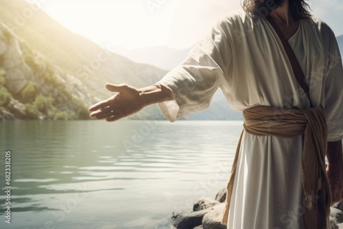Jesus Christ near river reaching out his hand against bright background. Help for heart. Gospel, salvation, faith concept. Christian preach, sermon