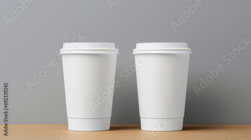 Two white paper biodegradable disposable cups with lid for hot drinks. Tea or coffee to take away. Copy space mockup for logo design or text. Grey background. Generative AI. photo