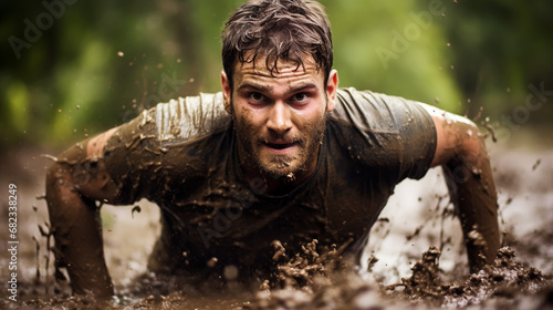 Closeup of strong athletic man crawling in wet muddy puddle in the rain in an extreme competitive sport © alexkich