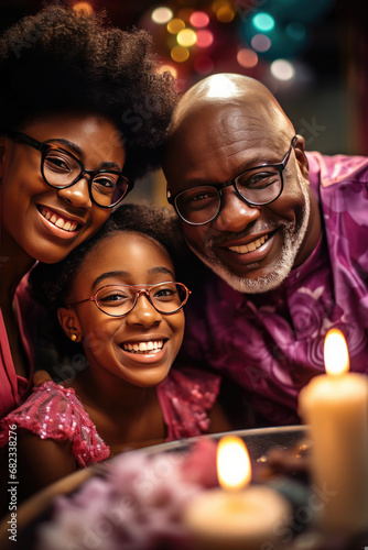 African American family sharing joyful moment in cozy evening gathering for celebration mature adult male with eyeglasses smiling with daughter and granddaughter showing love and happiness