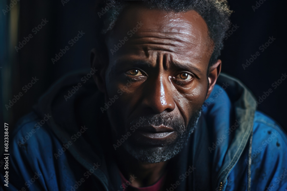 Poignant portrait of a pensive African mature man with expressive eyes and weathered face suggesting life experience and resilience for character studies or dramatic storytelling Poignant portrait of a pensive African mature man with expressive eyes and weathered face suggesting life experience and resilience for character studies or dramatic storytelling
