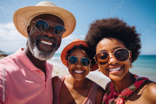 Happy multigenerational family taking a selfie on a sunny beach vacation enjoying leisure time together in a casual stylish summer mood photo