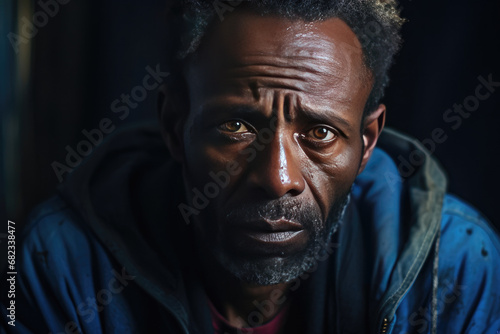 Poignant portrait of a pensive African mature man with expressive eyes and weathered face suggesting life experience and resilience for character studies or dramatic storytelling