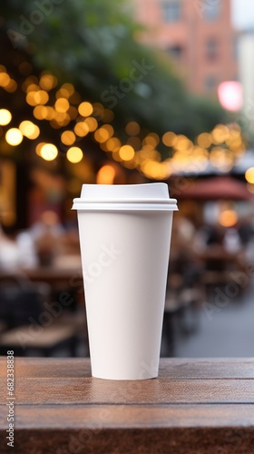 White paper biodegradable disposable cup with lid for hot drinks on a wooden table of street cafe. Tea or coffee to take away. Copy space mockup for logo design or text. Generative AI.