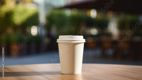 White paper biodegradable disposable cup with lid for hot drinks on a wooden table of street cafe. Tea or coffee to take away. Copy space mockup for logo design or text. Generative AI.