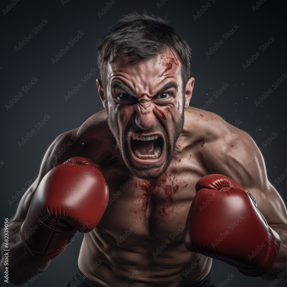 boxer with gloves with angry face looking to the camera, Generative AI
