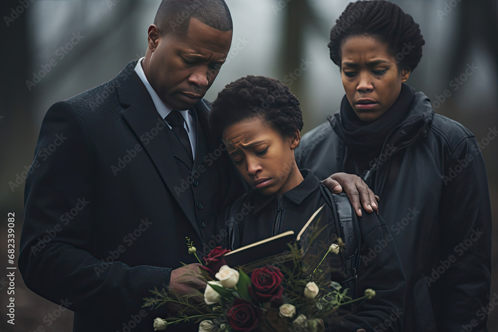 African American family in mourning at a funeral showing support and love through grief and sorrow - obrazy, fototapety, plakaty 
