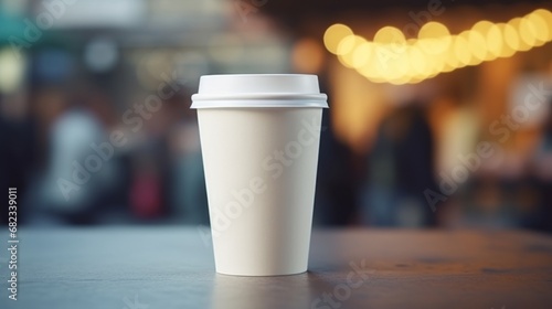 White paper biodegradable disposable cup with lid for hot drinks on a wooden table of street cafe. Tea or coffee to take away. Copy space mockup for logo design or text. Generative AI. photo