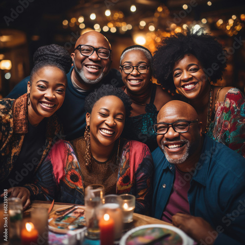 Multi-generational African American family enjoying a festive dinner together exuding warmth happiness and bonding in an elegant restaurant setting