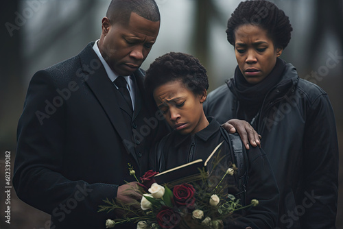 African American family in mourning at a funeral showing support and love through grief and sorrow photo