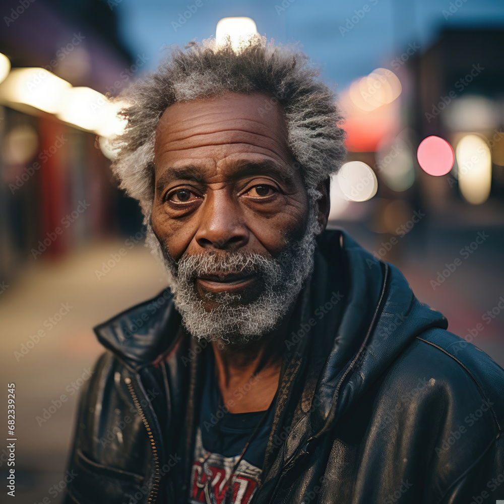 Fototapeta premium Portrait of a contemplative elderly man of African descent in a serene evening urban setting