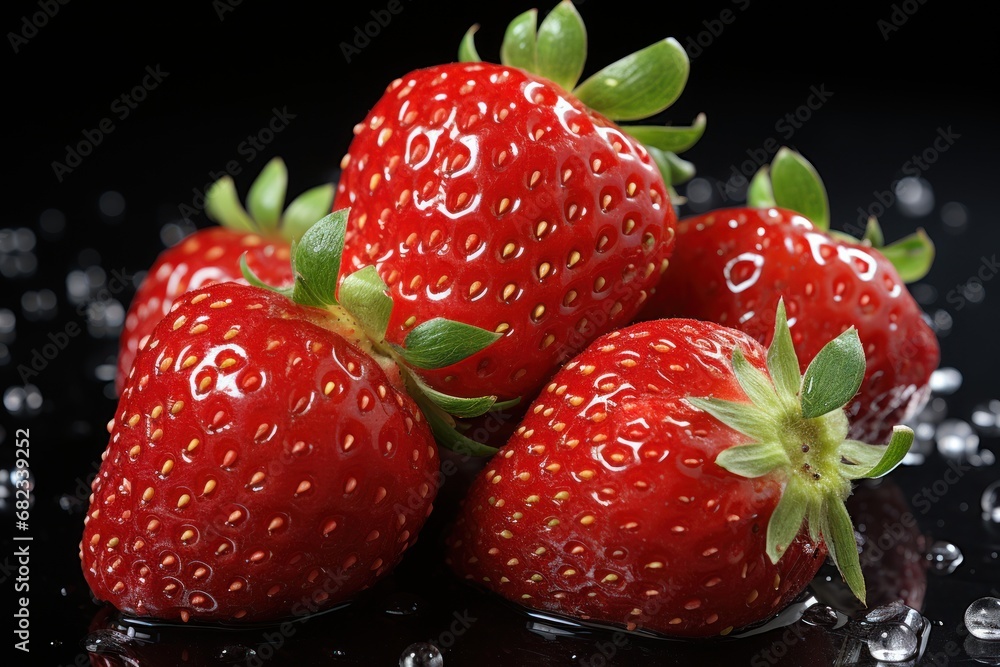 a close up of a group of strawberries on a black surface with drops of water on the surface and on the top of the strawberries is a green stem. a close up of a group of strawberries on a black surface with drops of water on the surface and on the top of the strawberries is a green stem.