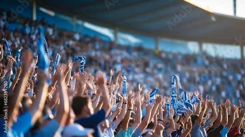 group of fans dressed in blue color watching a sports event in the stands of a stadium photo