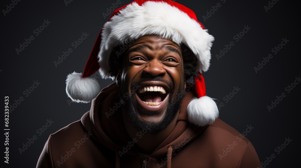 In santa hat. Handsome man is in the studio against color background.