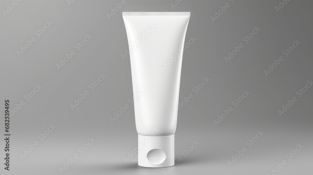 White plastic tube with moisturizing cream for hands or face. Skin care. Toothpaste. Modern grey bathroom design. Copy space mockup for logo design or text. Generative AI. White plastic tube with moisturizing cream for hands or face. Skin care. Toothpaste. Modern grey bathroom design. Copy space mockup for logo design or text. Generative AI.