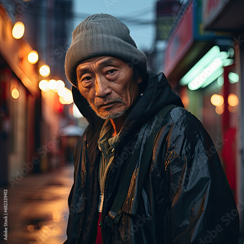 Portrait of a serious Asian elderly man in a beanie and jacket on a vibrant city street at night capturing a deep contemplative urban mood
