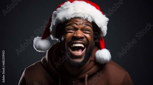 In santa hat. Handsome man is in the studio against color background. © alexkich