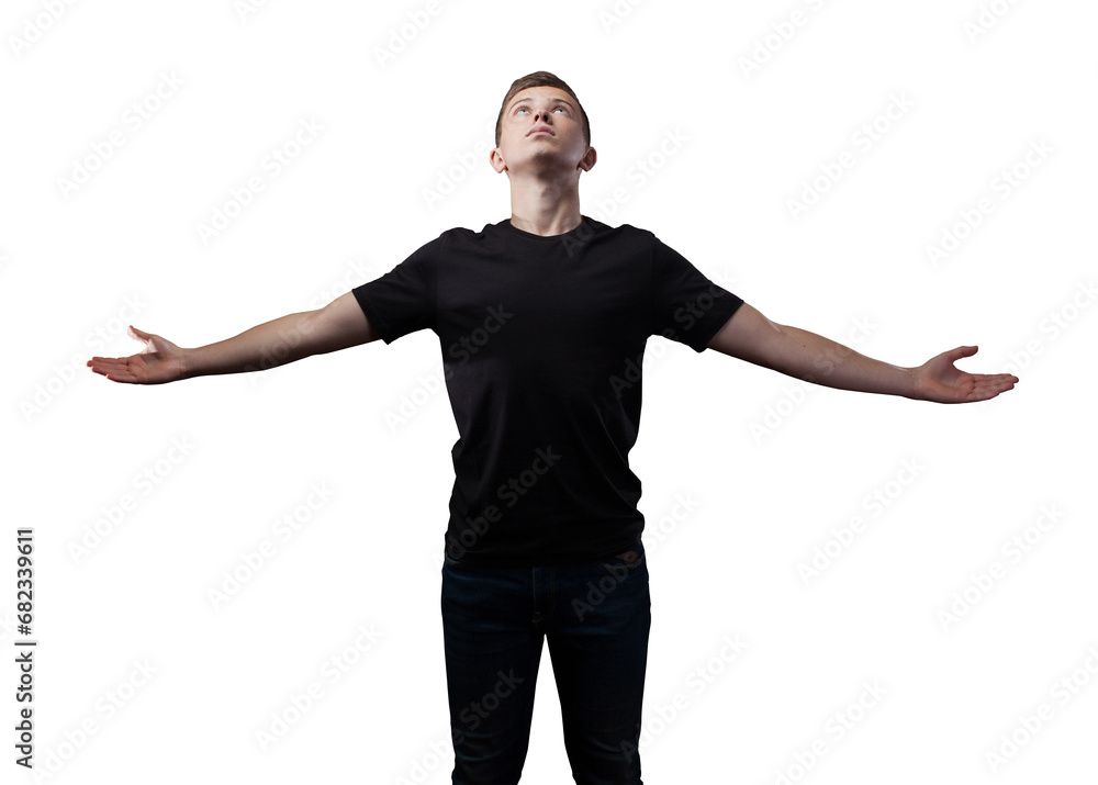 Teenager with arms stretched wide looking up isolated Teenager with arms stretched wide looking up isolated