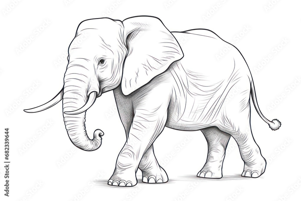  a black and white drawing of an elephant with tusks and tusks on it's head, standing in front of a white background with a line drawing of an elephant's tusks.