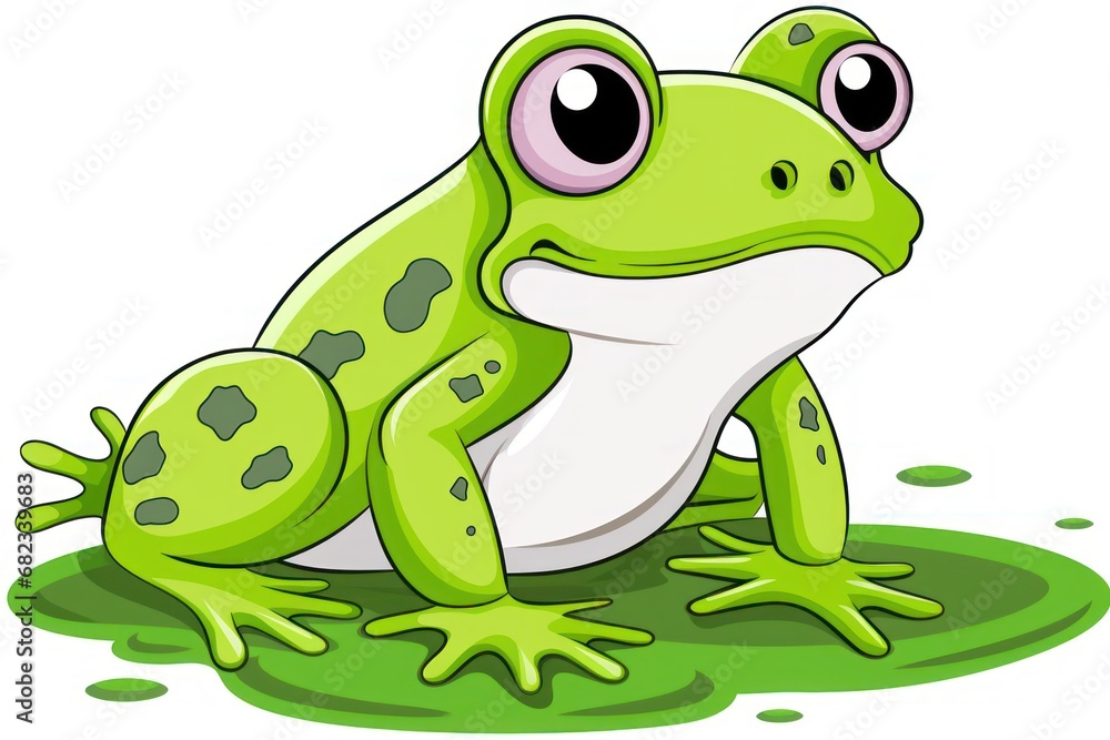 a green frog sitting on top of a green patch of grass with a white spot on it's back legs and a black spot on it's belly. a green frog sitting on top of a green patch of grass with a white spot on it's back legs and a black spot on it's belly.