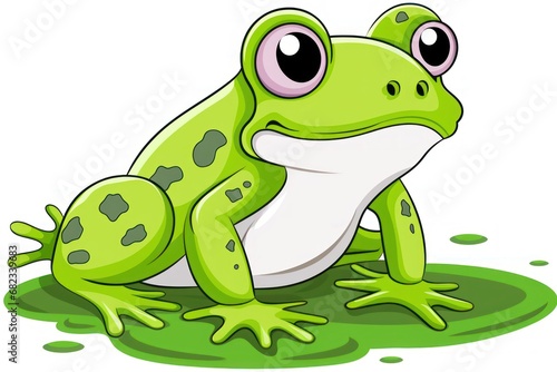  a green frog sitting on top of a green patch of grass with a white spot on it s back legs and a black spot on it s belly.