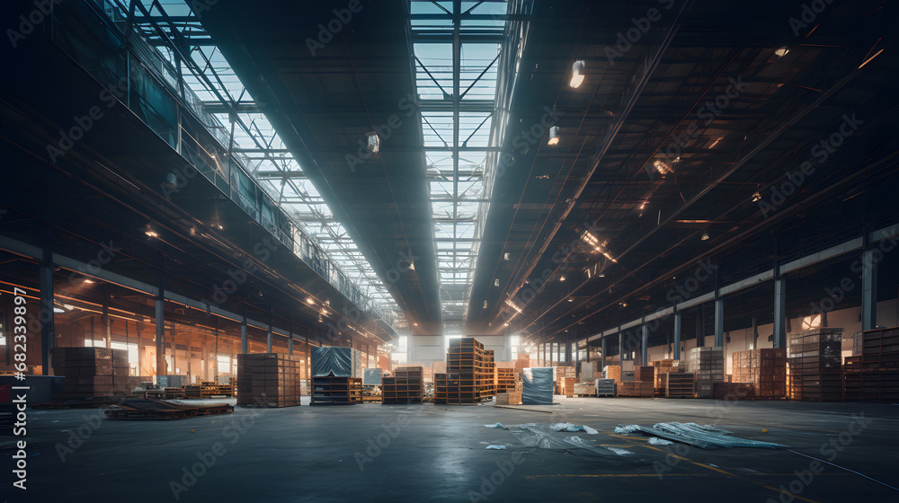 A large, long logistics warehouse filled with boxes, parcels and merchandise, Generative AI A large, long logistics warehouse filled with boxes, parcels and merchandise, Generative AI
