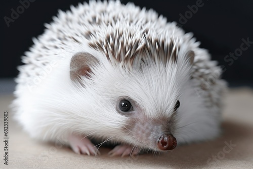  a small white hedgehog sitting on top of a brown table next to a black and white picture of it's face and it's nose looking at the camera.