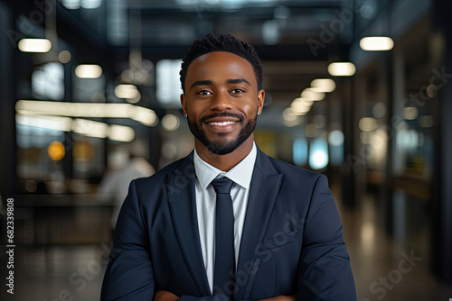 Confident young African American businessman smiling in a modern corporate office suggesting professional headshot for branding and career development photo