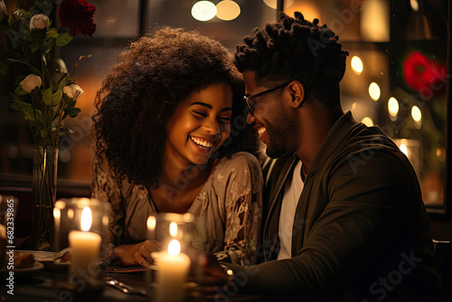 Romantic evening for smiling African American couple enjoying a candlelit dinner