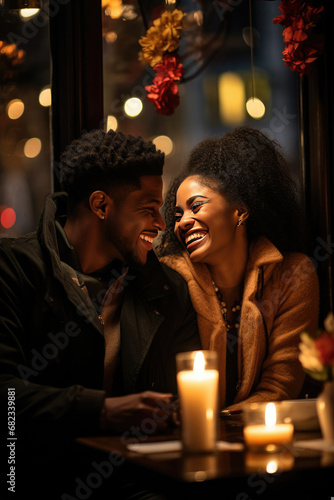 Happy African couple enjoying a romantic candlelit dinner in a cozy cafe atmosphere perfect for relationship and lifestyle industries