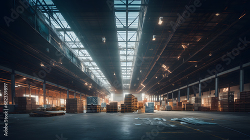 A large, long logistics warehouse filled with boxes, parcels and merchandise, Generative AI
