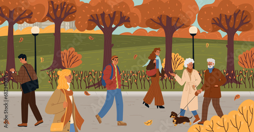 Different people characters walking in autumn park