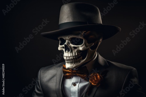 Skeleton in black suit, hat and bow tie. Generative AI