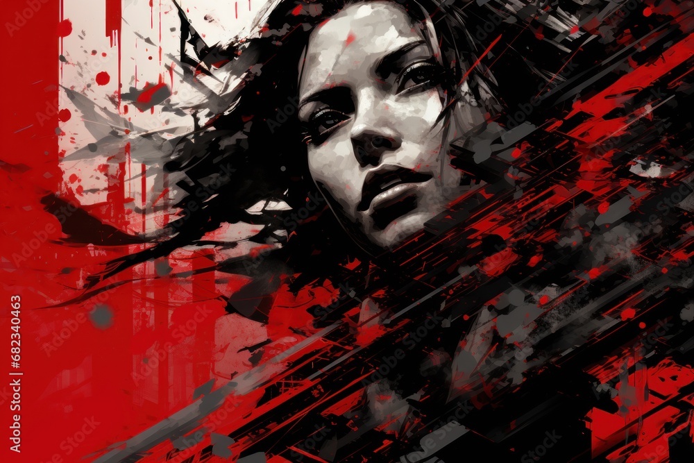  a painting of a woman's face with black and red paint splatters all over her face and behind her is a red background with black and white lines.