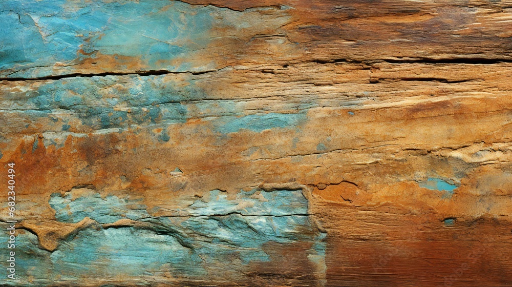 Vibrant Layers of Time: Textured Earth Tones Meet Sky Blues in Natural Rock Formation - obrazy, fototapety, plakaty 