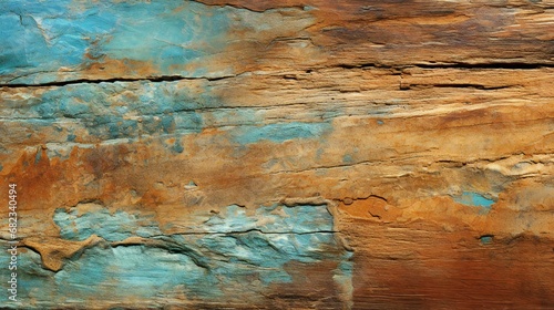 Vibrant Layers of Time: Textured Earth Tones Meet Sky Blues in Natural Rock Formation photo