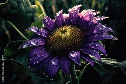  a close up of a purple flower with drops of water on it and a green leafy plant in the foreground with water droplets on the petals and a dark background.