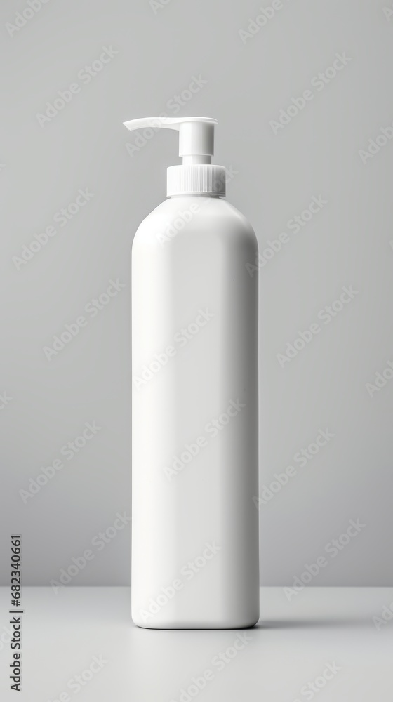 White Plastic Shampoo Bottle with Dispensary Lid. Minimalistic light background. Copy space mockup for logo design or text. Generative AI. Blank cosmetic bottle with pump for branding. White Plastic Shampoo Bottle with Dispensary Lid. Minimalistic light background. Copy space mockup for logo design or text. Generative AI. Blank cosmetic bottle with pump for branding.