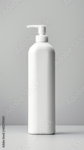 White Plastic Shampoo Bottle with Dispensary Lid. Minimalistic light background. Copy space mockup for logo design or text. Generative AI. Blank cosmetic bottle with pump for branding.
