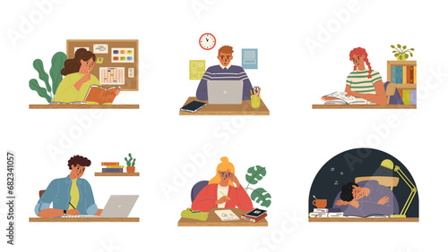 Different student characters studying at home, in library, online and offline set